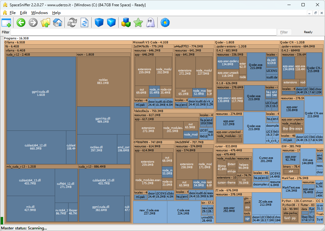 SpaceSniffer 2.2.0.27 主界面：C 盘扫描结果与 Treemap 磁盘空间分析视图
