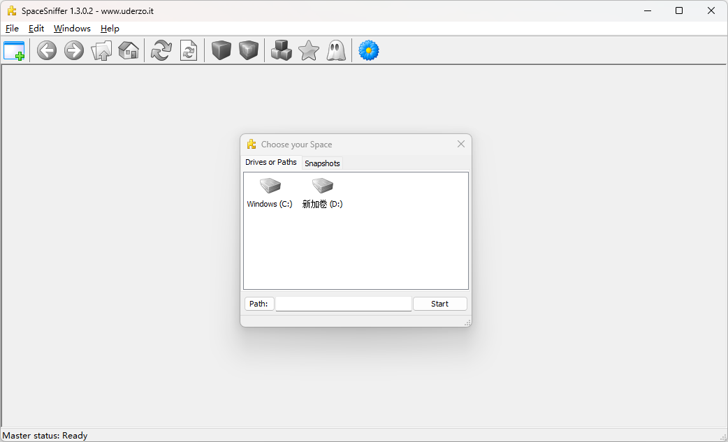 SpaceSniffer 的 Choose your Space 窗口，列出 Windows (C:) 和 D 盘，底部是路径输入框